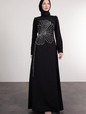 Dekoratif Simli Çiçek İşlemeli Abiye Elbise