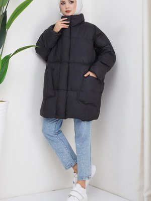 Oversize Torba Cep Şişme Mont Siyah Oversize Torba Cep Şişme Mont Siyah