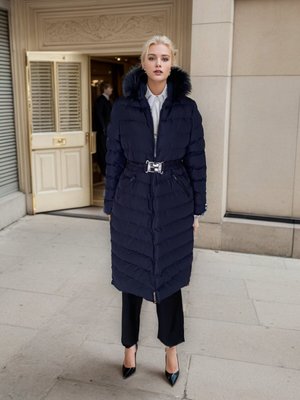 Lacivert Kürk Kapüşonlu Kemerli Şişme Mont Lacivert Kürk Kapüşonlu Kemerli Şişme Mont