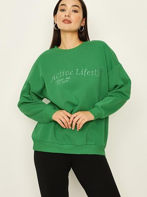 Yeşil Yazı Detaylı Basic Örme Sweatshirt