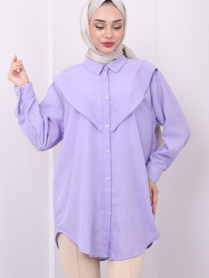 Lila Yaka Detaylı Keten Tunik