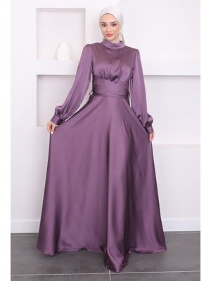 Gül Kurusu Ön Bağlamlı Saten Abiye Elbise