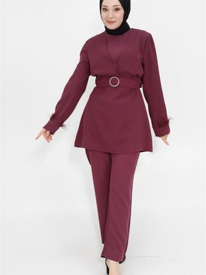 Mürdüm Kemeri Taşlı Krep Kumaş İkili Takım Mürdüm Kemeri Taşlı Krep Kumaş İkili Takım