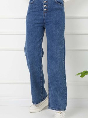 Mavi Düğme Detayalı İspanyol Paça Kot Buz Pantolon