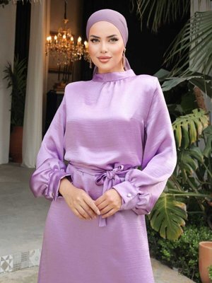 Lila Saten Uzun Balon Kol Özel Gün / Mezuniyet Şık Abiye Elbise Lila Saten Uzun Balon Kol Özel Gün / Mezuniyet Şık Abiye Elbise