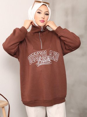 Kahverengi Yaka Fermuarlı Üç İplik Şardonlu Sweatshirt Kahverengi Yaka Fermuarlı Üç İplik Şardonlu Sweatshirt