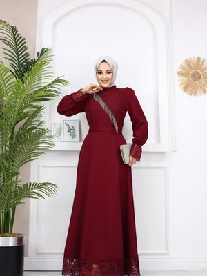 Bordo Mercan Abiye Elbise