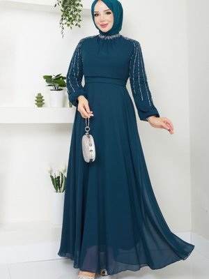 Kolları İşlemeli Abiye Elbise M Petrol Kolları İşlemeli Abiye Elbise M Petrol