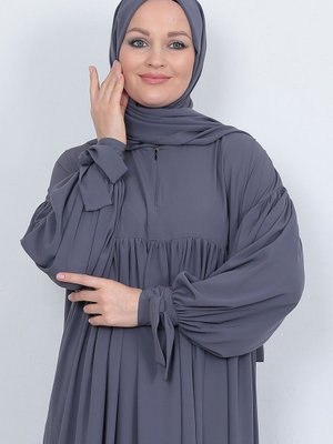 Yaka Fermuarlı Büzgülü Kol Bağcıklı Uzun Elbise