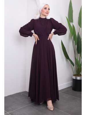 Mürdüm Yaka Detaylı Bel Kuşaklı Abiye Elbise