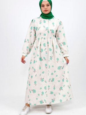 Yeşil Dijital Desenli Düğmeli Keten Kumaş Elbise Yeşil Dijital Desenli Düğmeli Keten Kumaş Elbise