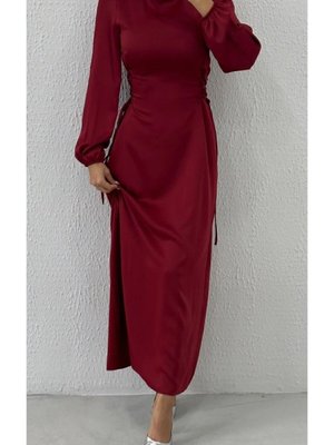 Yandan Çapraz Bağlamalı Saten Abiye Bordo