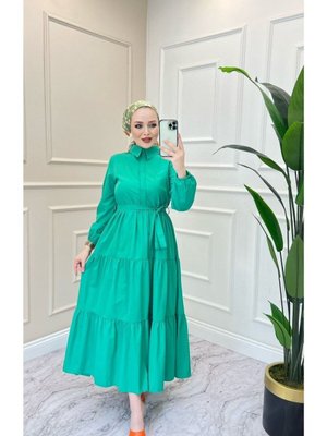 Yeşil Standart Yaka Dügmeli Elbise