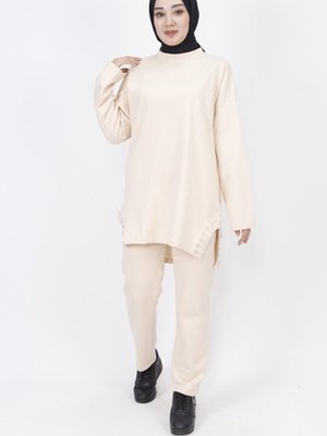 Bej İp Kumaş Yanı Taş Detaylı 2li Takım Bej İp Kumaş Yanı Taş Detaylı 2li Takım