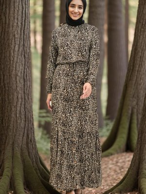 Siyah Vizon Leopar Desenli Viskon Elbise Siyah Vizon Leopar Desenli Viskon Elbise