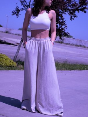 Taş Beli Lastikli Cepli Bol Paça Salaş Oversize Bej Yumuşak Dokulu Rahat Pantolon Taş Beli Lastikli Cepli Bol Paça Salaş Oversize Bej Yumuşak Dokulu Rahat Pantolon