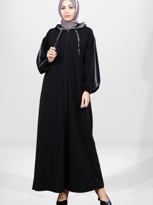 Fermuarlı Kapüşonlu Siyah Ferace