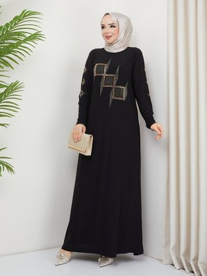 Kadın Sandy Siyah Önü Ve Kolları Dms Taş Detaylı Tesettür Işıl Elbise