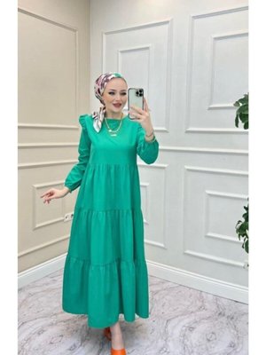 Yeşil Omuz Fırfır Detaylı Terikoton Elbise