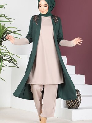 Aplike Taşlı Tunik Pantolon Takım Zümrüt