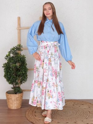 Pembe Mavisi Bebe Yaka Crop Gömlek & Çiçekli Kat Kat Etek Takım Pembe Mavisi Bebe Yaka Crop Gömlek & Çiçekli Kat Kat Etek Takım