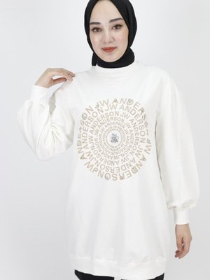 Ekru İp Kumaş Nakış Yazı Ve Taş Detaylı Sweatshirt Ekru İp Kumaş Nakış Yazı Ve Taş Detaylı Sweatshirt