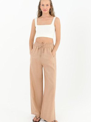 Camel Parlak Keten Bol Paça Pantolon