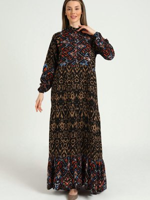 Kahverengi Desenli Viskon Elbise Kahverengi Desenli Viskon Elbise