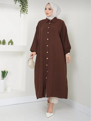 Uzun Kollu Ahşap Düğmeli Gömlek Yaka Maxi Boy Yırtmaçlı Viskon Tunik