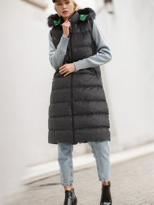 Siyah Yeşil Fermuarlı Uzun Şişme Yelek Siyah Yeşil Fermuarlı Uzun Şişme Yelek