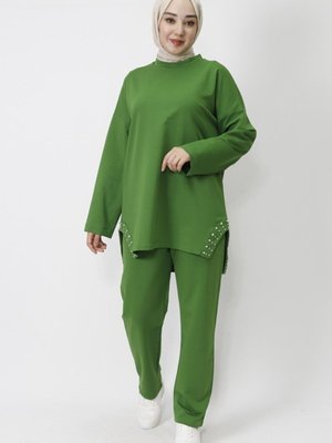 Haki İp Kumaş Yanı Taş Detaylı 2li Takım Haki İp Kumaş Yanı Taş Detaylı 2li Takım