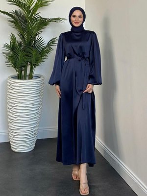 Dimitra Balon Kol Saten Elbise Lacivert Dimitra Balon Kol Saten Elbise Lacivert