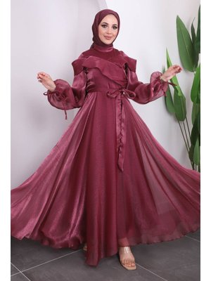 Kiremit Ön Detaylı Balon Kol Abiye Elbise