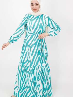 Yeşil Zebra Desenli Şifon Kumaş Elbise Yeşil Zebra Desenli Şifon Kumaş Elbise