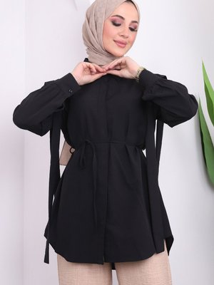 Siyah Yaka Detaylı Bel İpli Gömlek