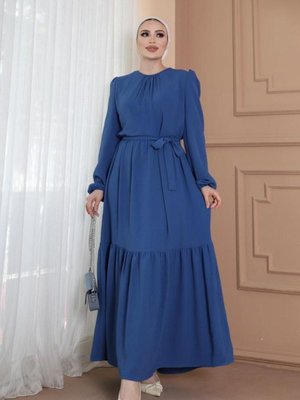 Mavi Yakası Büzgü Detaylı Ayrobin Kuşaklı Elbise
