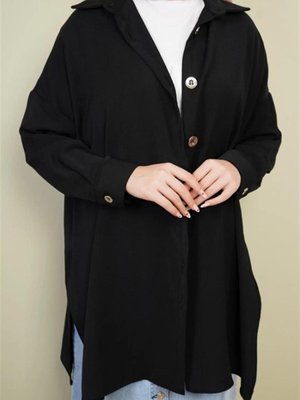 Düğmeli Siyah Uzun Gömlek Tunik