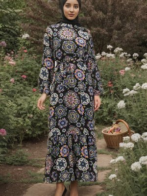 Siyah Viskon Desenli Kuşaklı Elbise