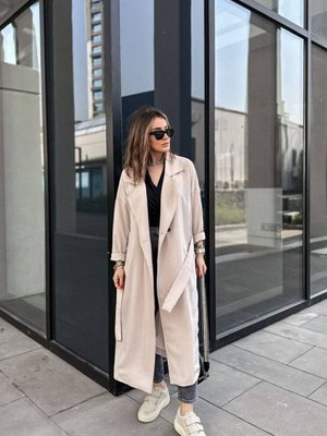 Taş Ekstra Bol Kesim Salaş Kemerli Cepli Düğmeli Yumuşak Dokulu Uzun Hırka Trençkot Taş Ekstra Bol Kesim Salaş Kemerli Cepli Düğmeli Yumuşak Dokulu Uzun Hırka Trençkot