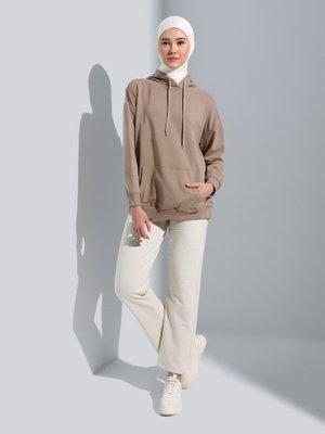 Kapüşonlu Rahat Kalıp Sweatshirt Tas Rengi Kapüşonlu Rahat Kalıp Sweatshirt Tas Rengi