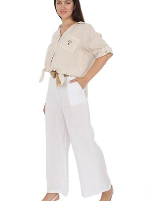 Beyaz İtalyan Kemerli Keten Pantolon
