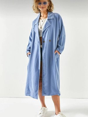 Mavi İnce Salaş Kemerli Cepli Düğmeli Yumuşak Dokulu Uzun Hırka Trençkot Mavi İnce Salaş Kemerli Cepli Düğmeli Yumuşak Dokulu Uzun Hırka Trençkot