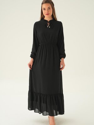 Yaka Bağcık Uzun Elbise Siyah