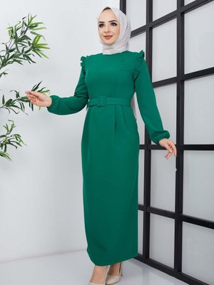 Yeşil Çağla Atlas Elbise