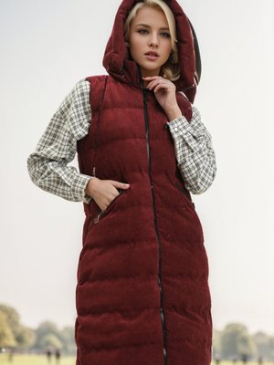 Bordo Kapüşonlu Fitilli Kadife Yelek