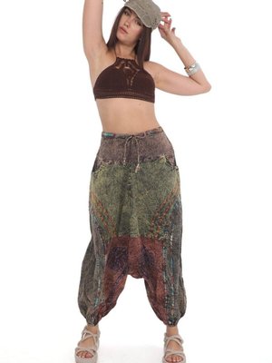 Füme Hint Otantik Yıkamalı Taşlanmış Patchwork Şalvar Pantolon