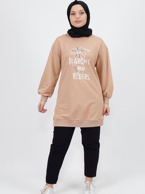Bej İnci Ve Nakış Detaylı İplik Kumaş Sweatshirt Bej İnci Ve Nakış Detaylı İplik Kumaş Sweatshirt
