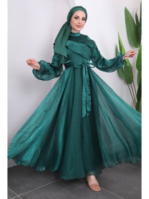 Zümrüt Ön Detaylı Balon Kol Abiye Elbise
