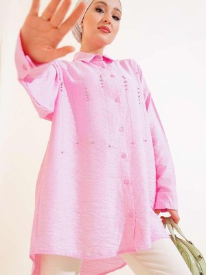 Uzun Kollu Yaka Ağaç Kabuğu Taşlı Oversize Gömlek