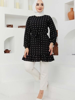 Siyah Çiçek Desenli Tunik